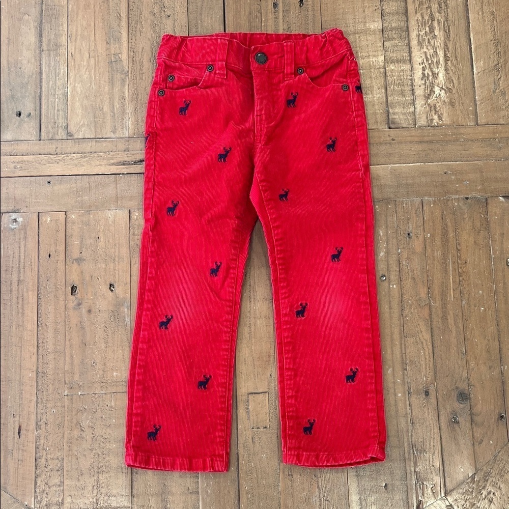 Janie and Jack Red Corduroy Kids reindeer embroidered Jeans size 4 Christmas